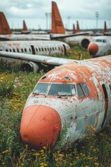 Abandoned aircraft in a field overgrown with wildflowers during cloudy weather