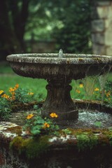 Obraz premium Water fountain surrounded by blooming flowers in a serene garden setting during late afternoon