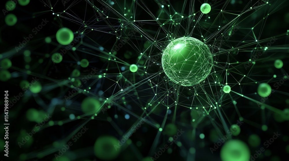 Poster exploring the intricate connections of green particles in a digital universe full of depth and compl