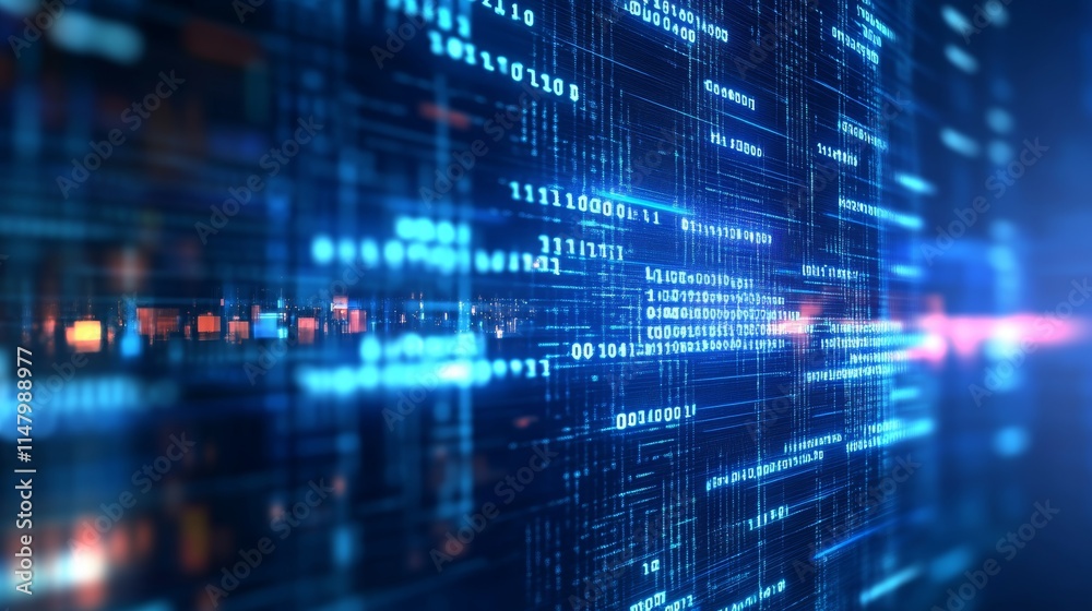 Poster digital data flowing through a network of blue lines and binary code at a high-tech facility during 
