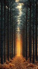 Naklejka premium A serene forest path illuminated by golden light. Tall trees frame the scene, with autumn leaves carpeting the ground, creating a tranquil and inviting atmosphere.