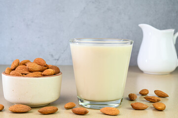 Almond milk in a glass cup.