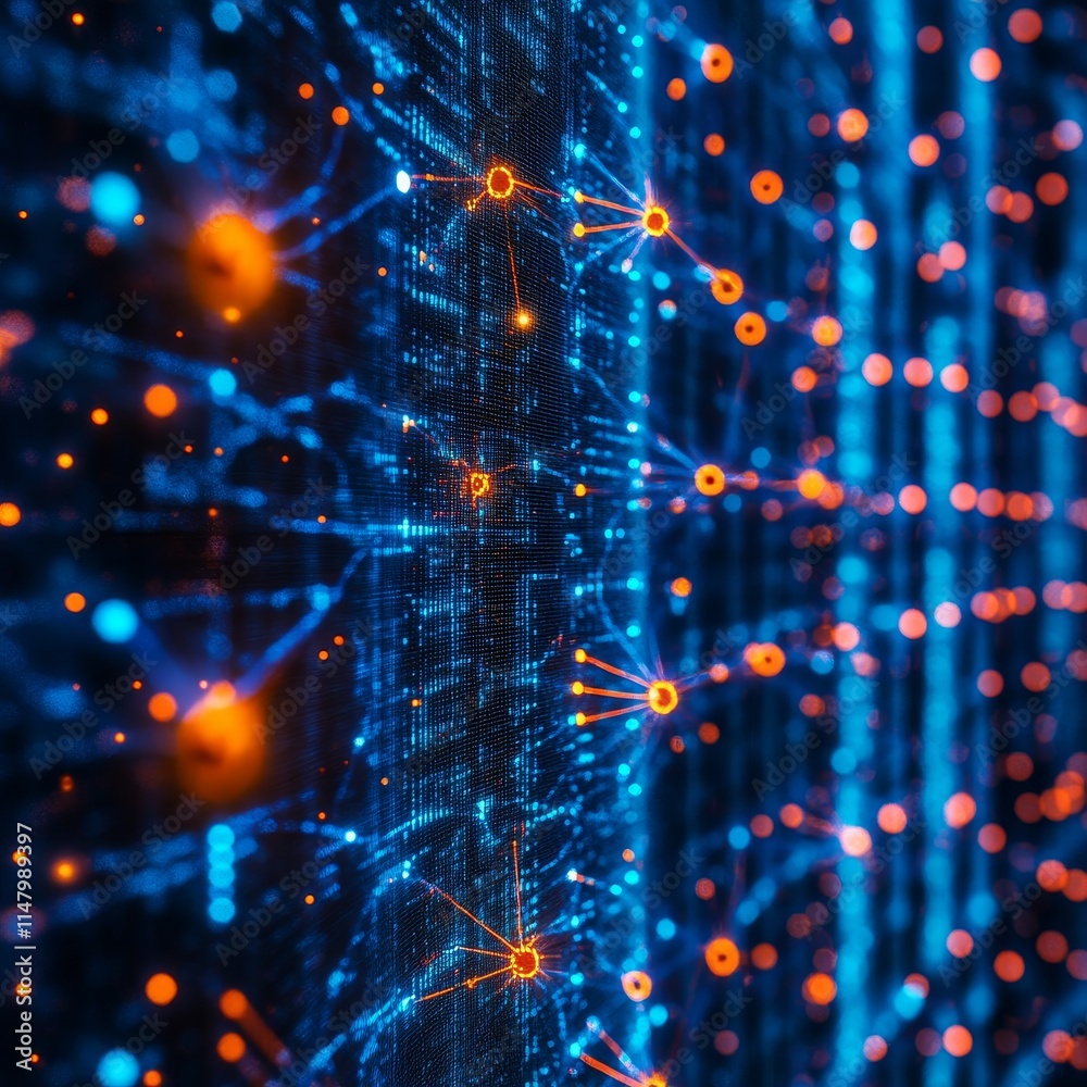 Poster digital network visualization displaying interconnected nodes and vibrant colors amidst a dark backd