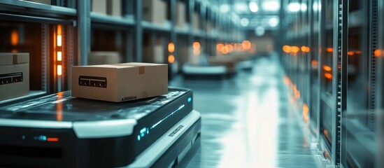 Automated guided vehicle (AGV) with package in a warehouse.