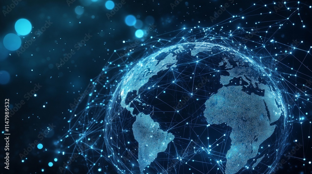 Poster global connectivity network with digital earth representation showcasing interconnected nodes and da
