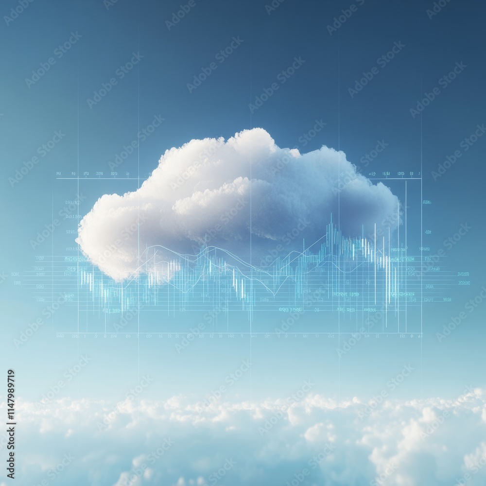 Poster cloud computing concept with digital data visualization floating in a blue sky during daylight hours