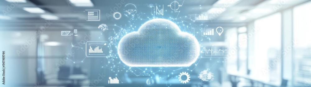 Poster cloud computing technology displayed in a modern office environment with digital icons representing 
