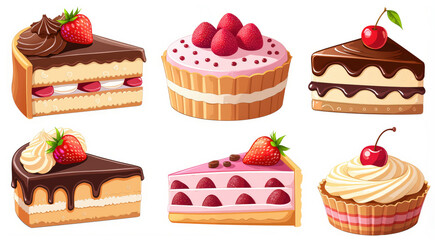Delicious Cake and Pastry Illustration Set with Strawberries and Cherries - Perfect for Dessert Menus and Bakery Advertisements