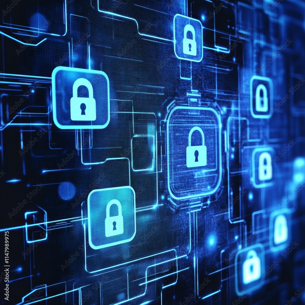 Aufkleber digital network security illustration featuring multiple lock icons symbolizing data protection and 