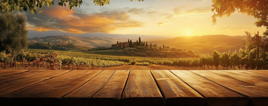A Tuscan vineyard is lit up with a sunrise over an empty wooden table