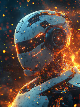 A cutting-edge robot surrounded by sparks