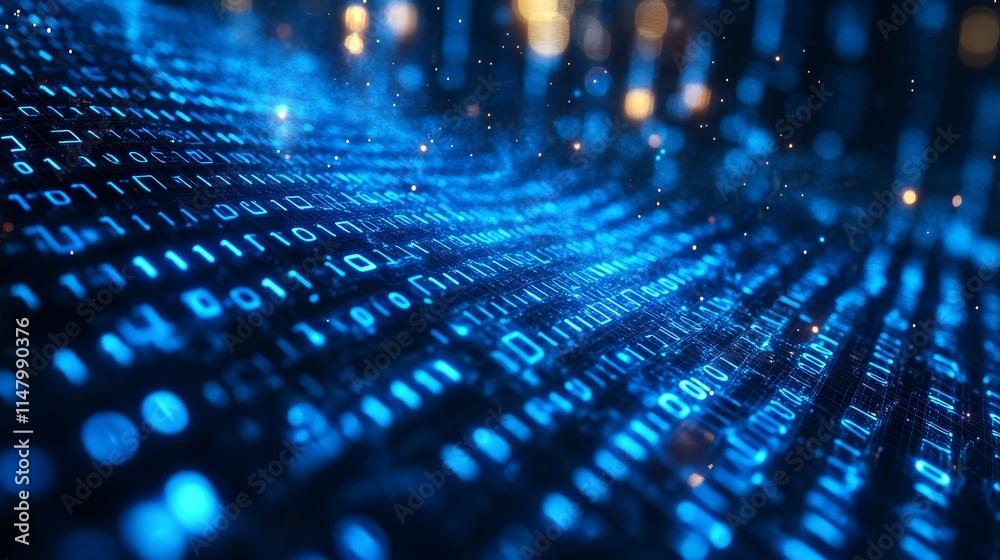 Aufkleber visual representation of flowing binary code in a futuristic digital landscape illustrating data tra