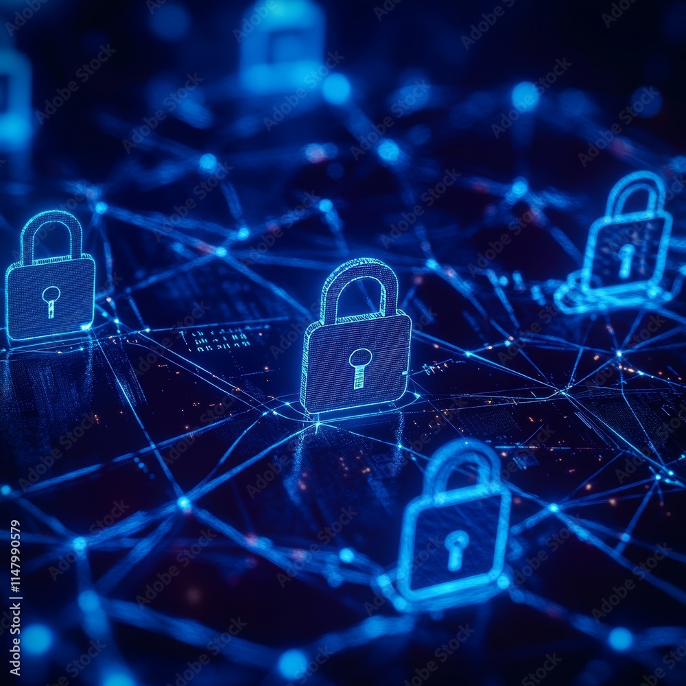 Poster digital network security concept with glowing padlocks connecting to a web of data nodes and informa