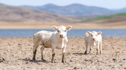 Two white calves standing in a dry, sandy field near a lake and mountains.