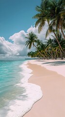 A serene beach scene featuring soft white sand and turquoise waters, complemented by lush palm trees under a bright blue sky with fluffy white clouds.