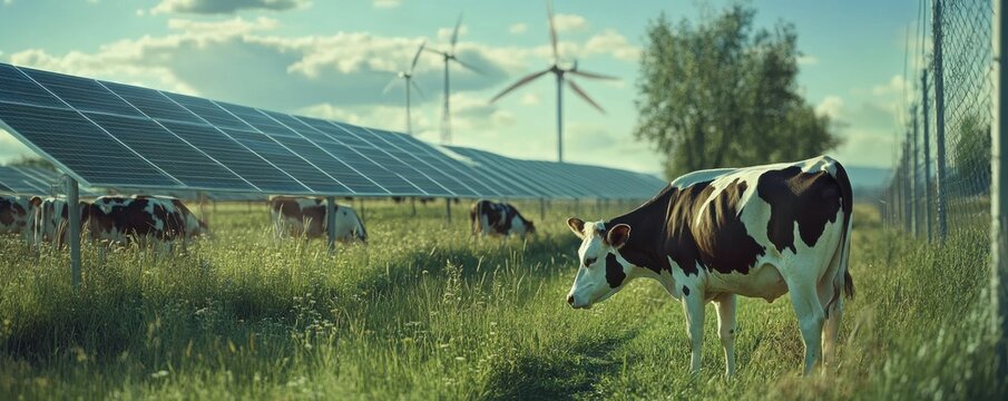 Cows grazing on a farm with a solar panel array in the background, showcasing the concept of agrivoltaics
