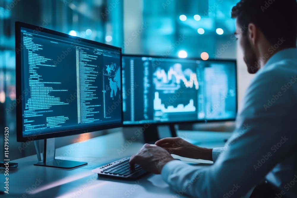 Poster data analyst working with multiple monitors in a modern office environment at night amid visualizati