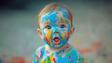 Adorable Baby Covered in Colorful Paint, Artistic Mess, Playful Child
