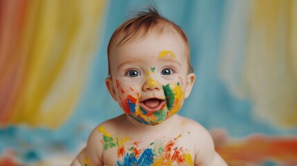 Happy Baby Covered in Colorful Paint, Artistic Mess, Toddler Fun