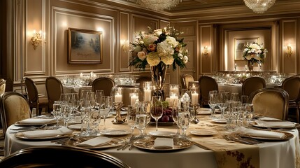 Elegant dining room setup with Happy New Year napkins, crystal glassware, floral centerpieces and soft candlelight creating a refined atmosphere