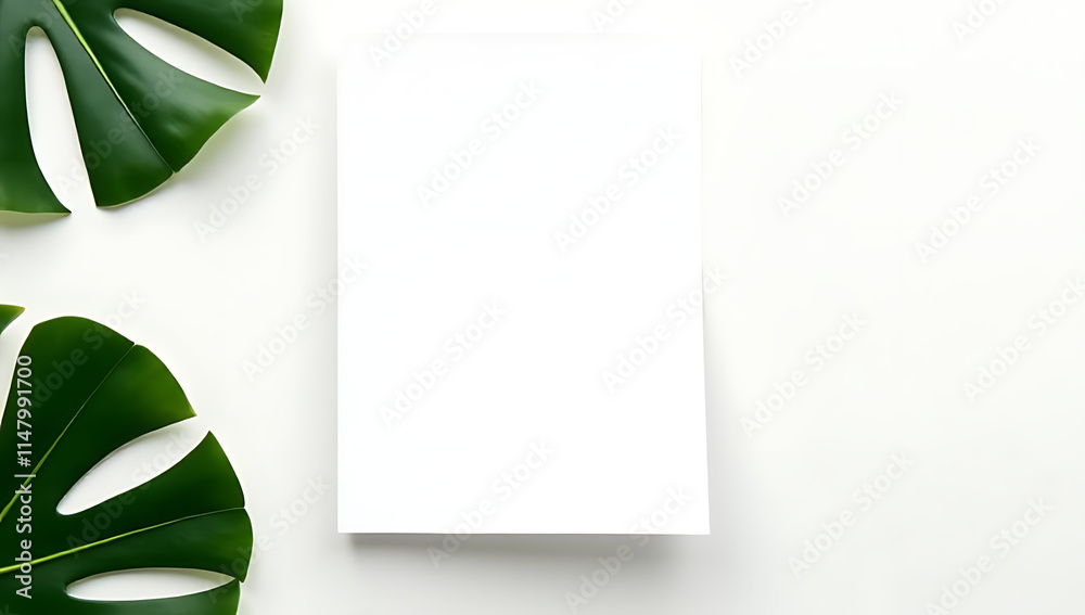 Poster monstera leaves are photographed above a white background with a paper card for a minimalist and ele