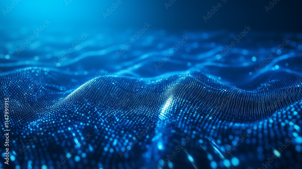 Poster visualizing abstract blue waves with glowing particles creating a digital ocean landscape under soft