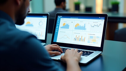 Marketers analyze online ad performance using digital metrics on laptops with graphical interfaces for effective campaign optimization._00002_