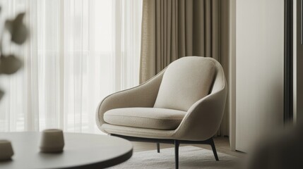 Minimalist modern lounge with stylish, clean decor. Featuring sleek lines and soft hues