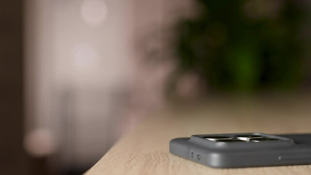 Woman putting mobile phone on table, close-up. Female hand puts smartphone while coming home
