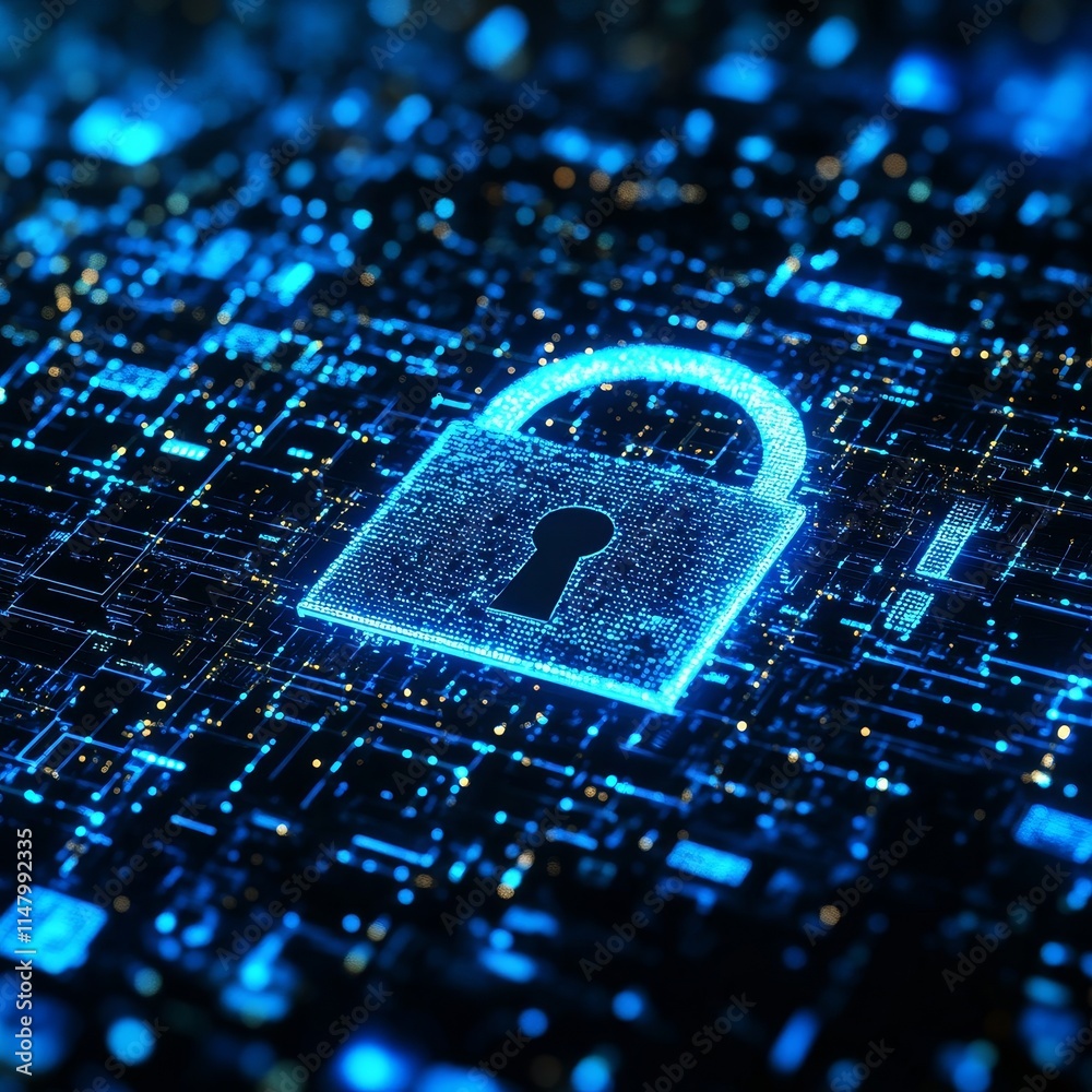 Poster digital lock on a futuristic circuit board background representing cybersecurity and data protection