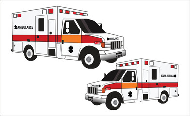 Two ambulance illustrations with red stripes, emergency lights, and medical symbols, depicted from different angles in a clean, flat vector style on a white background. © Hamzaas