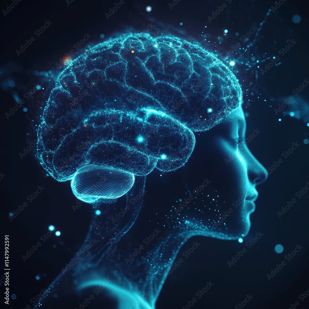 Poster exploring the connection between mental processes and digital art representation in a surreal visual