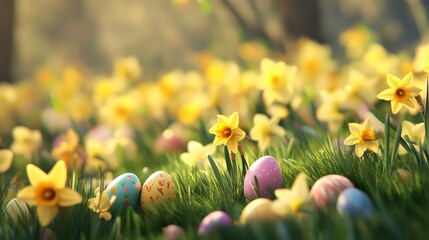 A close-up of a daffodil field in full bloom, with Easter eggs peeking out among the flowers.