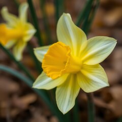 Obraz premium An extreme macro close-up photograph of a daffodil in nature, warm autumn colors, small subject detail, earthy and cozy tones