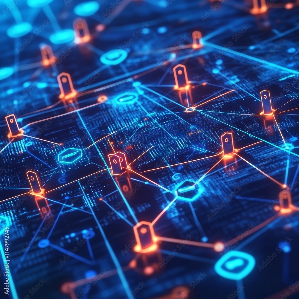 Poster modern digital network with glowing nodes and interconnected lines showcasing technology and data fl