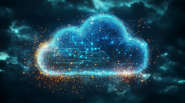 Digital Cloud Symbol Glowing Against a Dark Stormy Backdrop With Shimmering Lights and Intricate Circuitry Design