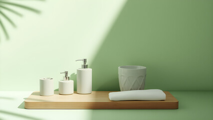 Bathroom accessories set on a light green limbo background with elongated shadows seen from above. Generative AI
