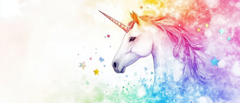 Unicorn with rainbow mane and stars, pastel watercolor, isolated background, magical elegance