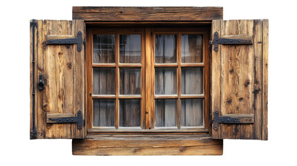 Charming wooden window with shutters, showcasing rustic craftsmanship and design.