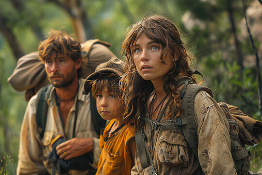 Neandyrthals family exploring primeval forest during the day with wonder and curiosity - Powered by Adobe