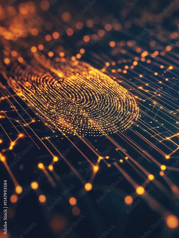 Poster Digital fingerprint graphic with glowing lines and copy space for technology and security themes. Generative AI