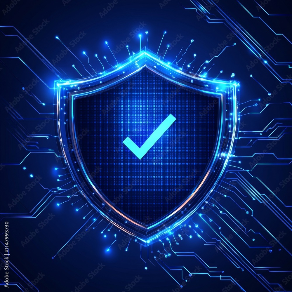 Poster digital shield symbol representing cybersecurity with a glowing check mark on a blue background feat
