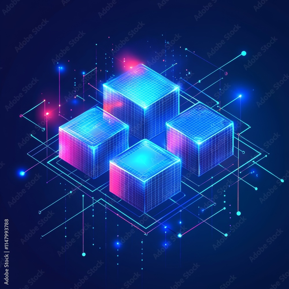 Poster digital representation of interconnected data blocks with glowing lines and nodes in a futuristic sp