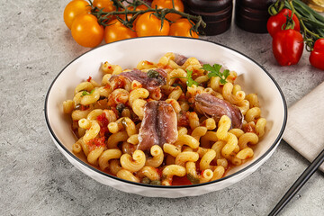 Italian pasta cellentani with anchovy
