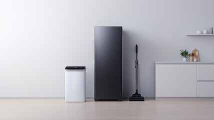 A modern kitchen corner featuring a sleek black refrigerator, a white trash bin, and a vacuum cleaner against a minimalist backdrop.