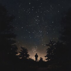silhouette of a person in the forest and stargazing