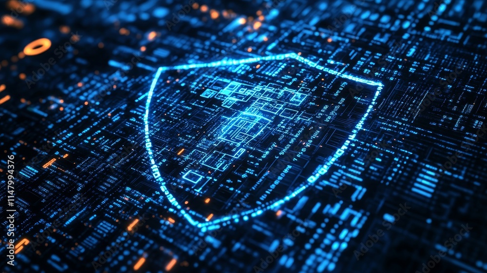 Poster digital security shield surrounded by intricate data patterns in a futuristic cyber environment