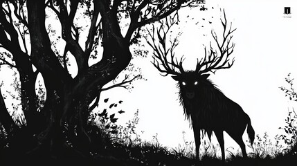 Dark Stag Stands Silently Among Trees
