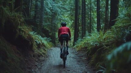 Obraz premium A cyclist riding on a forest trail, promoting eco-friendly transportation.