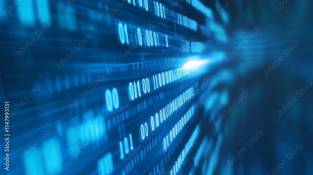Poster Abstract Digital Representation of Binary Code Streaming Through a Blue Background, Illustrating Modern Technology and Data Processing Concepts